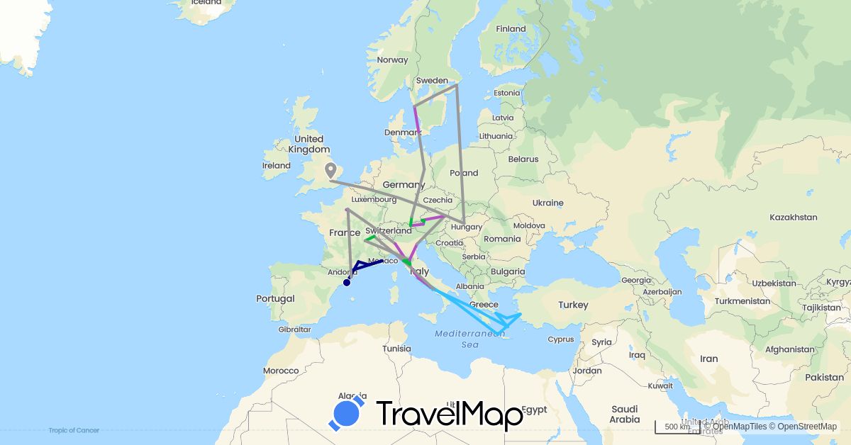 TravelMap itinerary: driving, bus, plane, train, boat in Austria, Switzerland, Germany, Denmark, Spain, France, United Kingdom, Greece, Hungary, Italy, Sweden, Turkey (Asia, Europe)