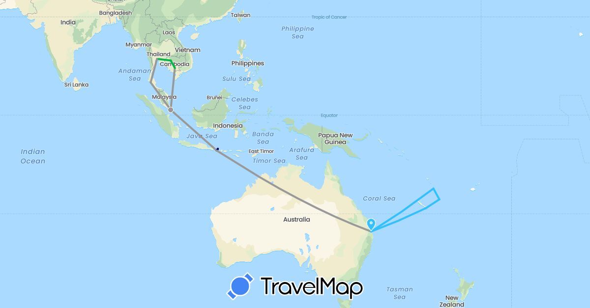 TravelMap itinerary: driving, bus, plane, boat in Australia, Indonesia, Cambodia, New Caledonia, Singapore, Thailand, Vanuatu (Asia, Oceania)
